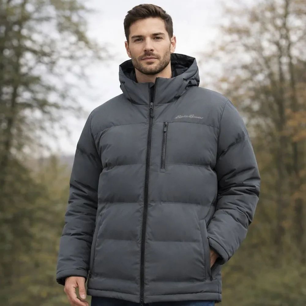 Eddie Bauer Men’s Puffer Jacket – Hooded, Warm, Lightweight – Charcoal Grey